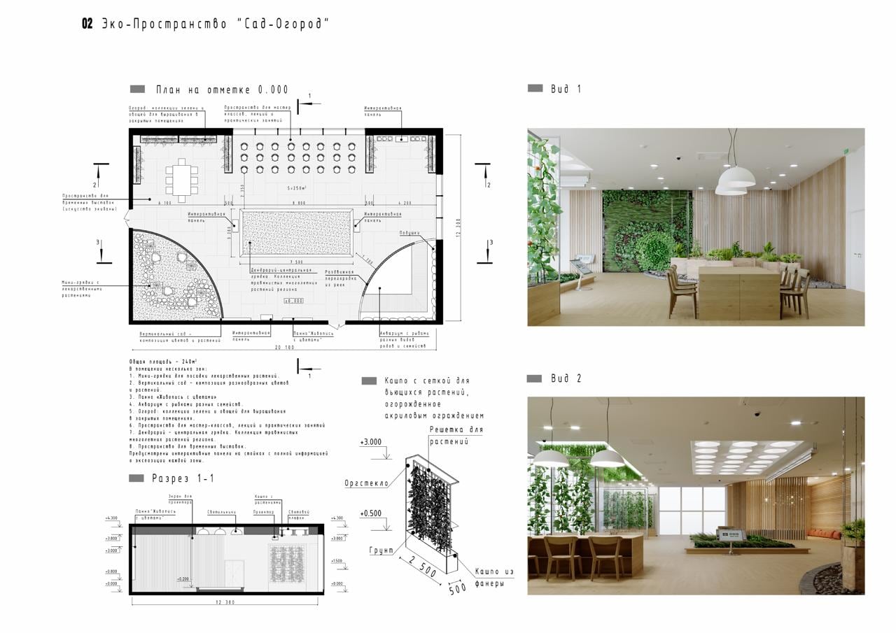 Planning drawing for the eco-space “Garden-Vegetable Garden” zone: layout, section and two rendered views