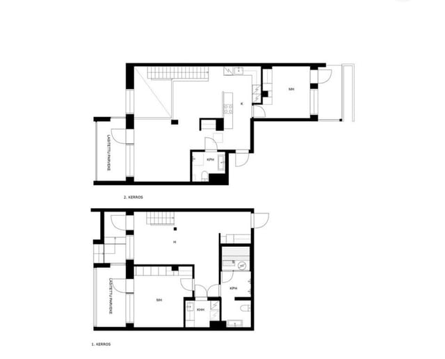 Floor plans for both levels of the apartment, labelled in Finnish