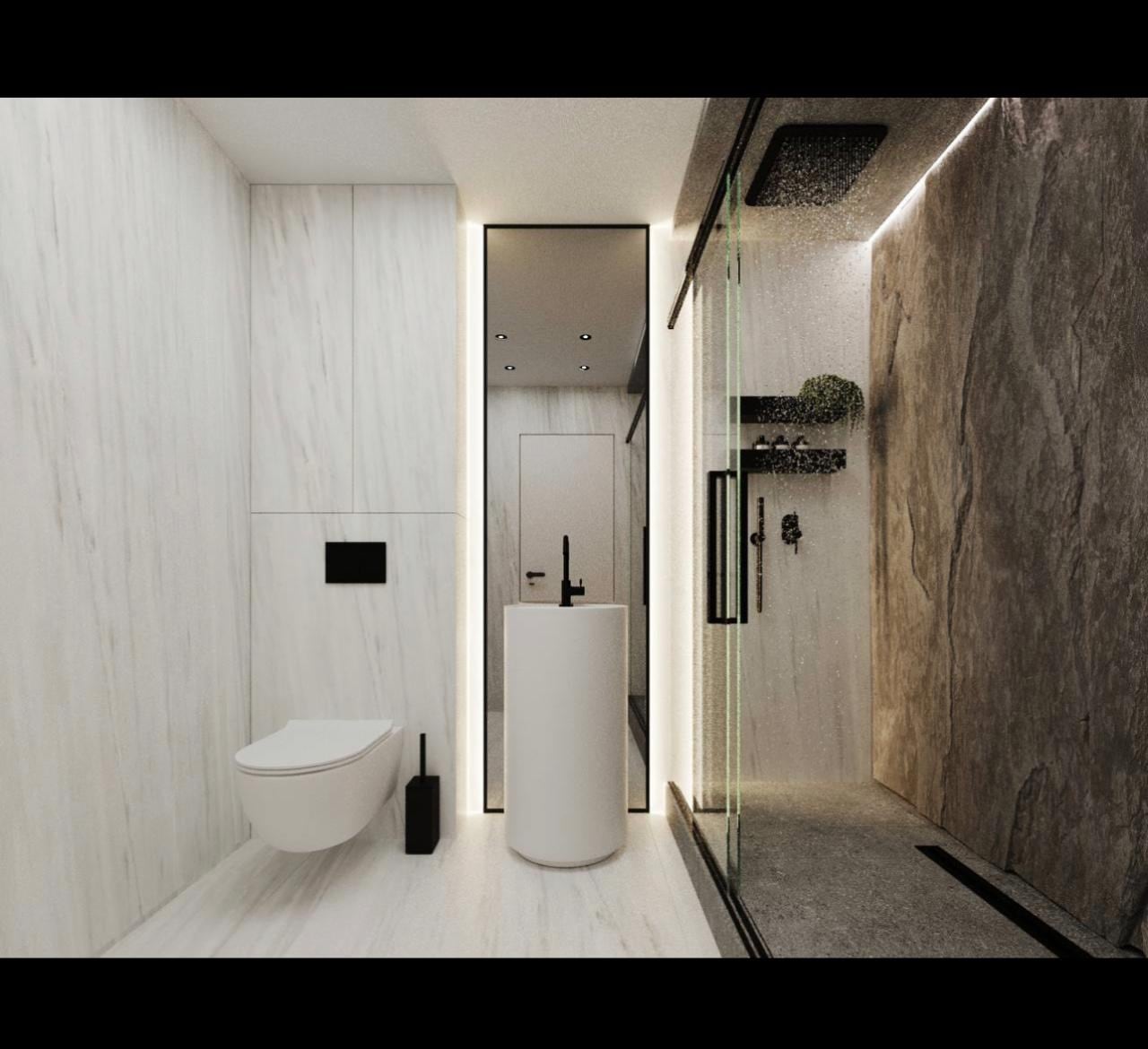 Bathroom with a freestanding cylindrical basin, backlit mirror and a book-matched stone feature wall in the walk-in shower
