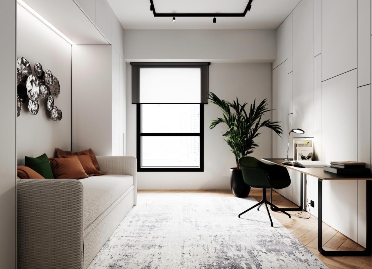 Study nook with a daybed, a sculptural silver wall installation and a built-in desk beneath the window