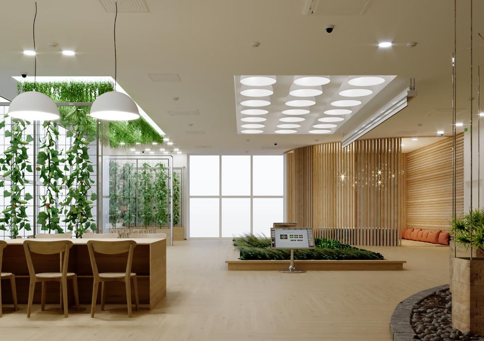 Reception and dining area of the children's educational centre by Anna Arsentyeva in Moscow: living plant walls, slatted timber screen, built-in banquette seating